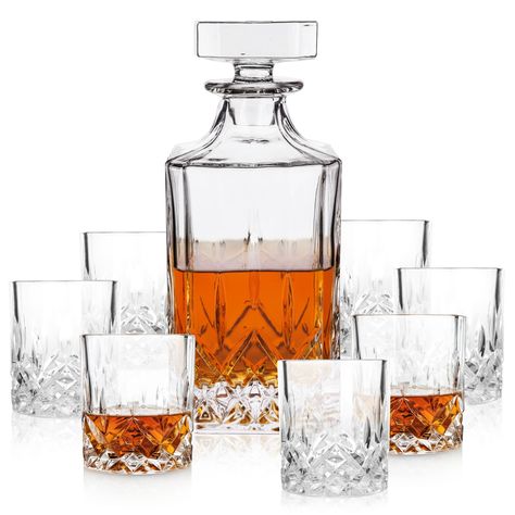 PRICES MAY VARY. STYLISH DECANTER SET – Give your fine liquor glassware to match. The classic design of this contemporary decanter and tumblers gives this crystal bar set effortless elegance. Decanter holds 30 oz and tumblers 9 oz of your favorite Scotch or gin. SPARKLING LEAD-FREE CRYSTAL – This beautiful lead-free crystal decanter and tumbler set is crafted for a high-end sipping experience. Timeless elegance and thoughtful details make this barware perfect for serving up Old Fashioneds. MADE Decanter Display Bar, Decanter Display, Whisky Decanter Set, Liquor Decanter Set, Whiskey Neat, Glass Whiskey Decanter, Whisky Decanter, Whiskey Decanter Set, Whiskey Lover Gifts