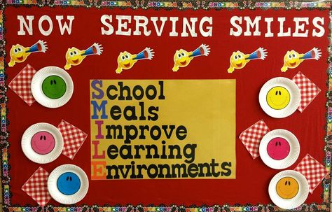 Wasatch Elementary CNP Manager borrowing some wisdom from Dayle Hayes for Wasatch Elementary School's opening bulletin board in the lunchroom! I love it! SMILE! Cafeteria Behavior, Behavior Bulletin Boards, Kitchen Bulletin Boards, School Cafeteria Decorations, Cafeteria Bulletin Boards, Nutrition Bulletin Boards, Cafeteria Decor, School Lunchroom, Food Bulletin Boards