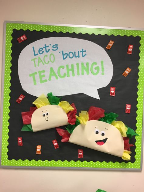 Taco Bell Board Ideas, Fiesta Bulletin Board Ideas, Taco Classroom Theme, Taco Bulletin Board Ideas, Food Themed Bulletin Boards, Foods Bulletin Board Ideas, Taco Bulletin Board, Taco Bell Bulletin Board, Dilation Station