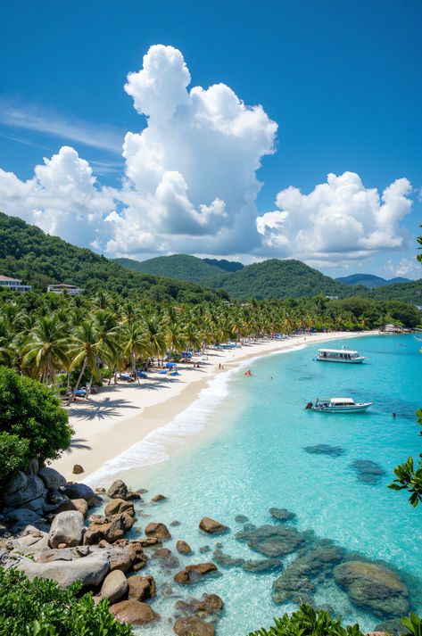 Koh Samui's Chaweng Beach: where white sand meets turquoise waters. Discover a tropical paradise with swaying palms, fishing boats, luxury resorts, and perfect skies. #BeachLife #TravelGoals Koh Samui Aesthetic, Luxury Tropical Resort, Thailand Koh Samui, Paradise Pictures, Koh Samui Beach, Thailand Beach, Travel Inspired Decor, Chaweng, Thailand Vacation