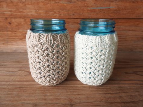 Knit Coffee Cozy Pattern, Knit Coffee Cozy, Crochet Vase, Scrubbies Crochet, Coffee Cozy Pattern, Scrubbies Crochet Pattern, Crochet Jar Covers, Mason Jar Cozy, Lace Mason Jars