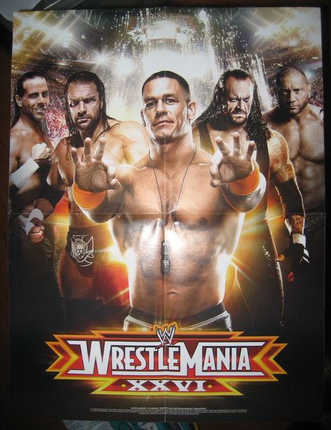 WWE Wrestlemania 26 poster (four-fold) featuring John Cena, Undertaker, Triple H, Batista, and Shawn Michaels. Price: P100.00 Wwe Tag Team Championship, Wwe Ppv, Wwe Wrestlemania, Wrestling Posters, Wwe Tag Teams, World Heavyweight Championship, Wwe Wallpapers, Shawn Michaels, Wrestling Superstars