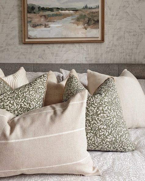 Ellenvale Interiors on Instagram: “How beautiful does our beige country style cushion look against these green cushions in @homebyemj’ bedroom, thank you for sharing 🤍 .…” Cream Sofa Green Cushions, Sage Green And Beige Bedroom, Green Cushions Living Room, Bed Cushions Arrangement, Dark Green And Black Bedroom, Green And Beige Bedroom, Black And Dark Green Bedroom, Sage Green And Grey Bedroom, Green And Black Bedroom