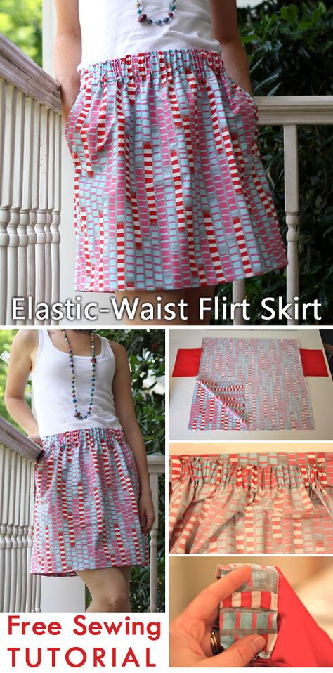 Tutorial: Elastic-Waist Flirt Skirt Plus Size A Line Skirt Pattern, Skirt Patterns Sewing Elastic Waist, Elastic Skirt Tutorial, A Line Skirt Pattern Free, Elastic Waist Skirt Diy, Sewing A Skirt, Elastic Waist Skirt Pattern, Sew A Skirt, Sewing Spandex