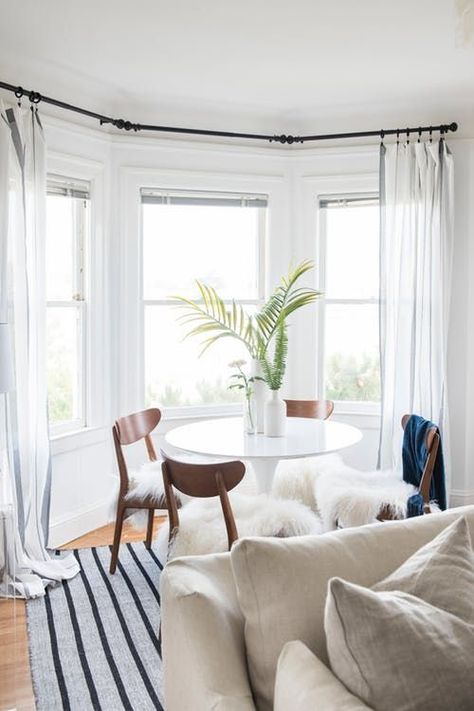 Curtain Idea - Bay Window Apartment therapy #Windows #Treatments #Curtains #Ideas Bay Window Coverings, Bedroom Window Dressing, Scottish Cottage, Window Treatments Ideas, Window Kitchen, Modern Window Treatments, Window Treatments Living Room, Window Treatments Bedroom, Stylish Curtains