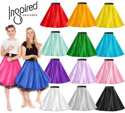 Plain satin Rock & Roll 1950s Style Skirt. Satin 1950's Rock n Roll Style skirt. Plain skirts made of satin fabric with a black elasticated waistband that has approx 2-3" of stretch for a comfortable fit. Disfraz Rock And Roll, Rock N Roll Costume, Grease Fancy Dress, Elf Fancy Dress, Girl Unicorn Costume, Pop Star Costumes, 1950s Costume, Grease Costumes, Girl Group Costumes