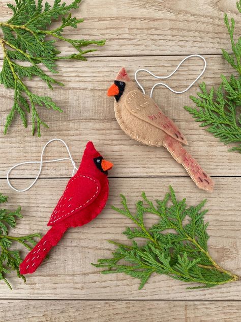 Cardinal Pair Set of 2 Felt Handmade Christmas Ornaments - Etsy Felt Birds Pattern, Felt Cardinal, Embroidered Cardinal, Cardinal Pair, Felt Circles, Felt Birds Ornaments, Buttermilk Basin, Female Cardinal, Diy Felt Christmas Ornaments