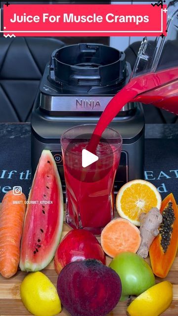 Matthew Burroughs on Instagram: "✨My Favourite Juice Recipe For Muscle Cramps ✨Muscle Cramps often occur when you have lower than average levels of calcium, magnesium and other minerals known collectively as electrolytes. Electrolytes are nutrients that play an important role in maintaining the fluid balance and hydration in cells, tissues and muscles. In addition to calcium and magnesium, electrolytes consist of sodium, potassium, bicarbonate, chloride, hydrogen phosphate and hydrogen carbonate. ✨Ingredients: 🍎1 Apple 🍏1 Apple 🍋1 Lemon 🧡1 Papaya 🍊1 Orange 🥕3 Carrots ❤️1 Beetroot 🫚1 Inch Ginger 🍠1 Sweet Potato 🍉3 Cup Watermelon ✨Benefits Of These Fruits I Used To Make My juice 🍠Sweet Potatoe is high in fiber and antioxidants, which protect your body from free radical damage a Reduce High Cholesterol, Muscle Inflammation, Watermelon Benefits, Muscle Cramps, High In Fiber, Juice Recipe, Gourmet Kitchens, High Fiber, Juicing Recipes