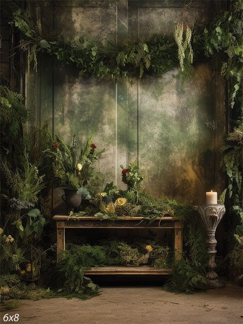 Enchanted Garden Photography Backdrop - Rustic garden scene with lush greenery Foliage Photo Backdrop, Christmas Party Photo Booth Backdrop, Witchy Backdrop Ideas, Enchanted Forest Halloween Decorations, Boxwood Backdrop Ideas, Draping Fabric From Ceiling, Enchanted Garden Backdrop, Video Backdrop Ideas, Geo Slime