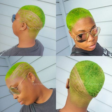 Lime green hair Shaved Natural Hair, Rihanna Haircut, Lime Green Hair, Short Green Hair, Mermaid Goddess, Neon Green Hair, Shaved Designs, Short Hair Black, Braided Cornrow Hairstyles