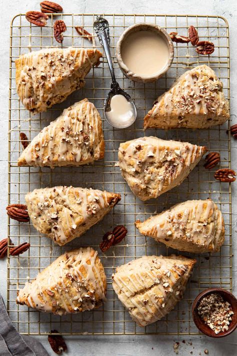 Butterscotch Scones Recipe, Maple Pecan Sourdough Scones, Fall Scone Flavors, Maple Pecan Muffins, Maple Pecan Scones, Maple Scones, Icing Drizzle, Pecan Scones, Almond Scones