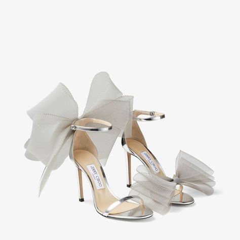 AVELINE 100 | Silver Sandals with Asymmetric Grosgrain Mesh Fascinator Bows | Autumn Collection | JIMMY CHOO Jimmy Choo Aveline, Wedding Dress Sandals, Sling Back Sandals, Mesh Bows, Silver Sandals, Bow Heels, Metallic Sandals, Bow Shoes, Footwear Design Women