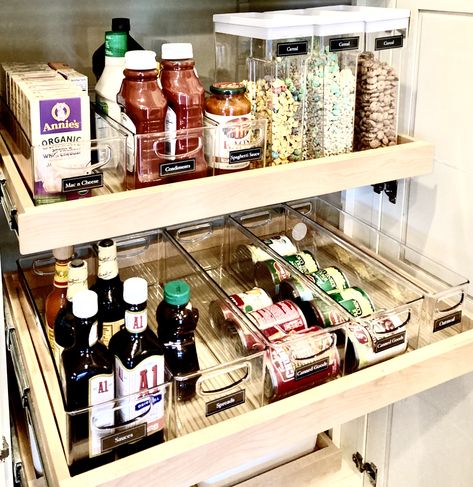 Pantry organization for pull out drawers can be tricky! Here are a few of our favorite products! Pantry Pull Out Shelves Organization, Pantry Pull Out Drawers, Pull Out Pantry Shelves, Deep Pantry Organization, Organize A Pantry, Pantry Can Organization, Organizing Your Pantry, Food Essentials, Deep Pantry