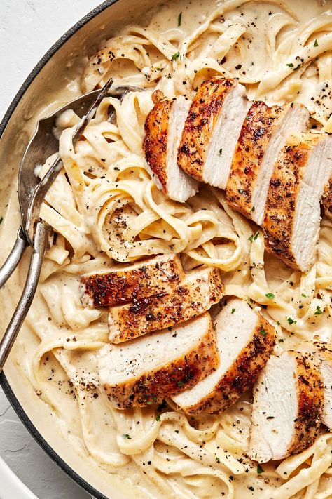 A thick and creamy sauce from scratch is no comparison to the jarred alfredo you may be familiar with. Paired it with al dente noodles and golden-brown chicken for an easy dinner. Easy Chicken Fettuccine Alfredo, Chicken Alfredo Fettuccine Recipe, Panini Recipes Chicken, Braised Greens, Chicken Fettuccine Alfredo, Fettuccine Noodles, The Modern Proper, Modern Proper, Chicken Fettuccine