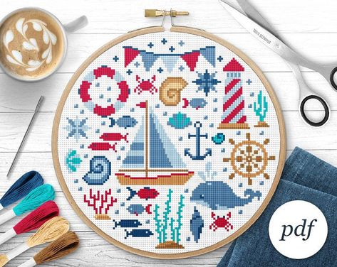 Nautical Cross Stitch, Cross Stitch Sea, Holiday Cross Stitch Patterns, Floral Cross Stitch Pattern, Easy Cross Stitch Patterns, Holiday Cross Stitch, Cross Stitch Finishing, Quick Stitch, Cross Stitches