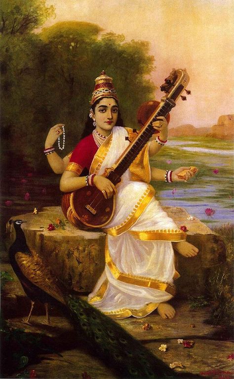 Goddess Saraswati by Raja Ravi Varma Canvas Roll Unframed | Etsy Ravivarma Paintings, Saraswati Painting, Saraswati Mata, Ravi Varma, Raja Ravi Varma, Goddess Saraswati, Saraswati Devi, Saraswati Goddess, Hinduism Art