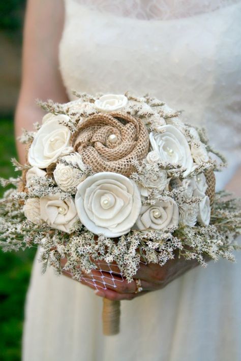 6 Sola and Fabric Bouquets You’ll Love Bouquet Alternatives, Burlap Bouquet, Natural Bouquet, Fabric Bouquet, Simple Beach Wedding, Fabric Flower Bouquet, Burlap Flowers, Rustic Bridal, Burlap Wedding