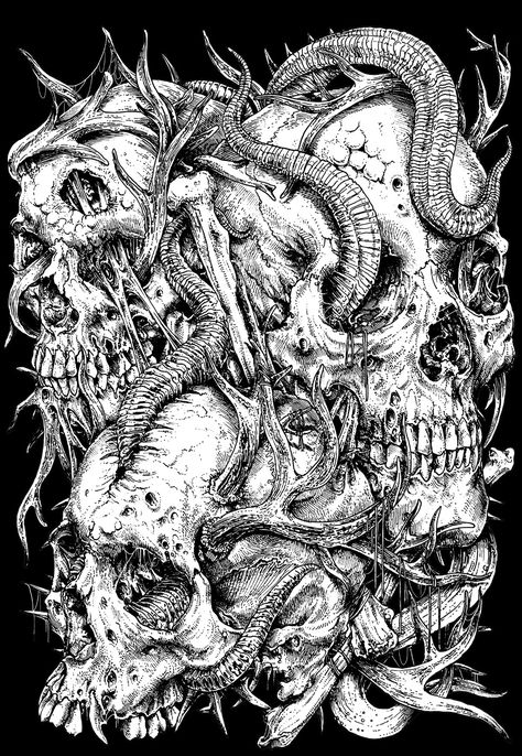 Graphic Design Drawing, Black Metal Art, Heavy Metal Art, Creepy Tattoos, Dark Artwork, Dark Art Tattoo, Skull Artwork, Shiva Art, Dark Tattoo