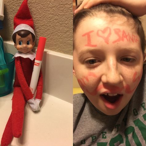 Elf on the shelf writes on kids faces Elf Writing On Face, Elf On The Shelf Ideas Draw On Face, Elf On The Shelf Kids Room, Elf On The Shelf Painting Ideas, Elf On The Shelf Drawing On Face, Elf When Kids Misbehave, Baby Shelves, Elf On The Shelf Misbehaving Kids, Elf Writing