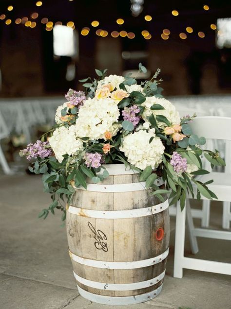 Flower Arrangements With Hydrangeas, Arrangements With Hydrangeas, Whiskey Barrel Wedding, Southern Weddings, Whiskey Barrel, Rustic Chic Wedding, Wedding Flower Arrangements, Rustic Wedding Decor, Wedding Floral