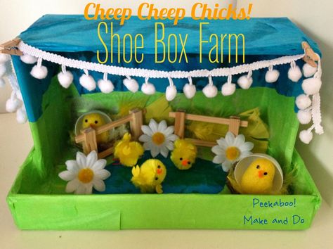 Shoe Box fun with this little springtime farm scene. Great for imaginative play. Shoe Box Set Design Project, 2d Shape Games, Shoebox Crafts, Ag Day, Easter Scene, Shoe Box Crafts, Spencer Family, Winter Art Projects, Shape Games