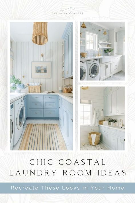 Small Laundry Room With Mudroom, Coastal Chic Laundry Room, Blue Cabinets In Laundry Room, Beachy Laundry Room Ideas, Blue Laundry Room Walls, Coastal Mudroom Ideas, Blue Cabinets Laundry Room, Blue Laundry Room Ideas, Coastal Laundry Room Ideas