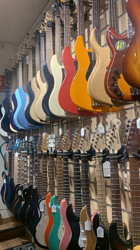 Guitar Store Aesthetic, Guitar Shop Aesthetic, Bass Guitar Aesthetic Wallpaper, Guitar Aesthetic Wallpaper, Bass Guitar Aesthetic, Guitar Aesthetics, Music Store Design, Kristen Callihan, Guitar Studio