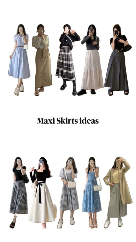 Korean Maxi Skirt, Skirt Korean Outfit, Korean Skirt Outfits, Skirt Outfits Korean, Modest Girly Outfits, Maxi Skirt Outfit, Korean Skirt, Skirt Korean, Modesty Outfits