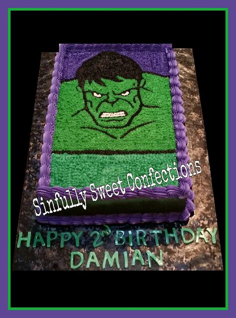 Hulk Birthday Cake Hulk Sheet Cake Ideas, Hulk Sheet Cake, Hulk Birthday Cake, Incredible Hulk Cake, Birthday Cake Boys, Hulk Birthday Cakes, Avenger Cupcakes, Hulk Cake, Hulk Birthday Parties