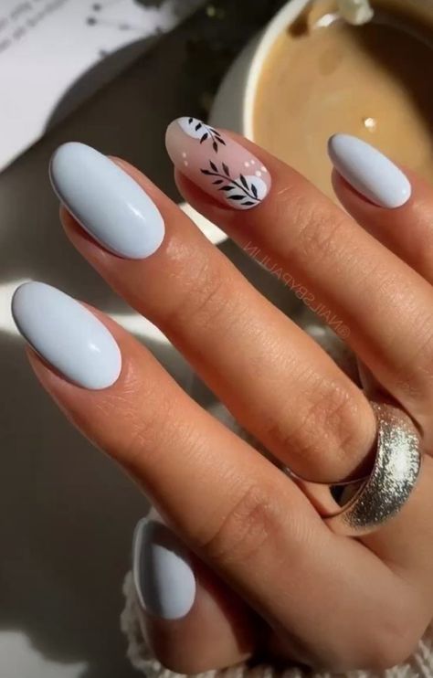 Blue Manicure Short Nails, Cute Winter Nail Designs Simple, Blue Nails Inspo Short, Nails For Dusty Blue Dress, Wedding Nails Dusty Blue, Light Blue Short Nails Design, Light Blue And Navy Nails, Simple Round Nail Designs, Mountain Vacation Nails