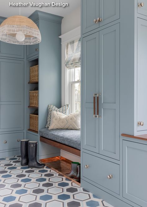 Blue Cabinets Mudroom, Light Blue Mudroom Cabinets, Mudroom With Pantry, Mudroom Cabinet, Mudroom Office, Mudroom Cabinetry, Traditional Entry, Utility Space, Mudroom Cabinets