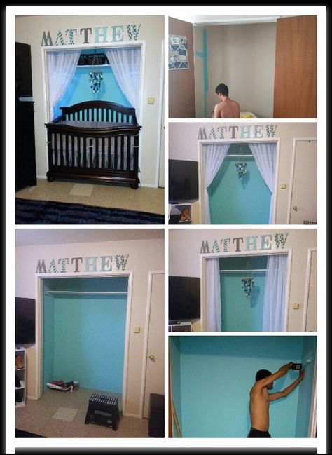 nursery crib in closet Closet Nursery Converted Walk In, Crib In Parents Room Small Spaces, Crib In Closet Ideas Small Spaces, Crib In Closet Ideas, Closet Nursery Converted, Crib In Closet, Nursery Corner In Parents Room, Crib Diy, Small Room Nursery