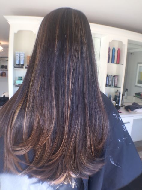 Voyage Hair Highlights, Dark Brown Hair With Babylights, Straight Hair Highlights, Long Hair Highlights, Long Shiny Hair, Black Hair Balayage, Straight Hair Cuts, Hair Inspiration Long, Brown Hair Inspo