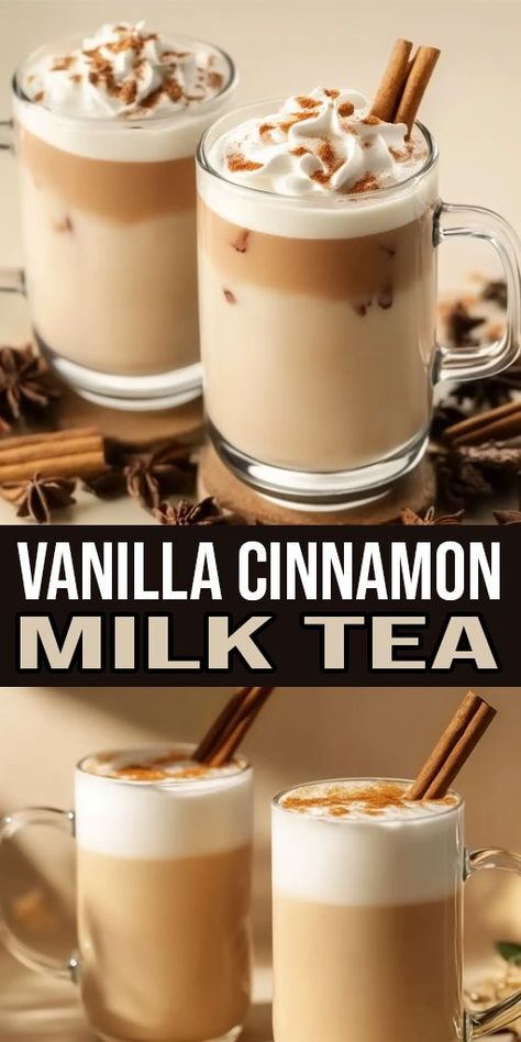 Warm up with a cozy cup of Vanilla Cinnamon Milk Tea! 🍵🍂 This creamy, spiced tea is perfect for chilly days or a relaxing evening treat. Easy to make at home with just a few ingredients. ☕🌰 #MilkTea #CozyDrinks #FallFlavors Cinnamon Milk Tea, Spiced Tea, Tea At Home, Cozy Drinks, Cinnamon Milk, Spice Tea, Homemade Drinks, Cinnamon Vanilla, Quick Desserts