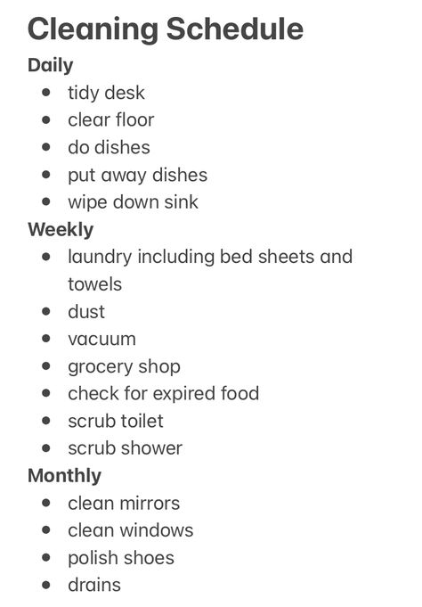 University Cleaning Schedule, Student Cleaning Schedule, College Cleaning Schedule, Cleaning Schedule College Student, House Cleaning Recipes, Room Motivation, Student Cleaning, Clean Room Motivation, Bedroom Cleaning Checklist