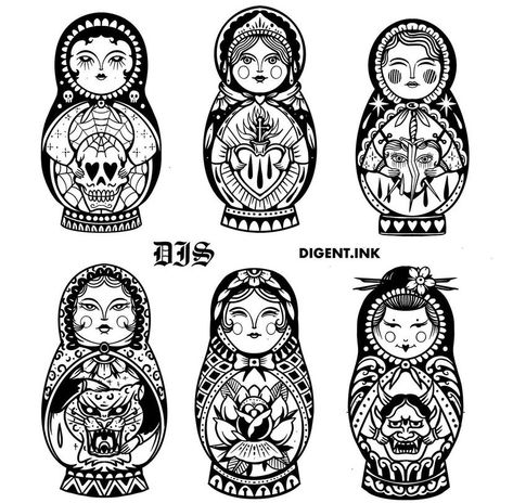 Russian Style Tattoo Folk Art, Traditional Matryoshka Doll Tattoo, Russian Doll Drawing, Metis Tattoo Ideas, Babooshka Tattoo, Russian Folk Art Tattoo, Matroyska Doll Tattoo, Russian Tattoo Traditional, Russian Tattoo Ideas