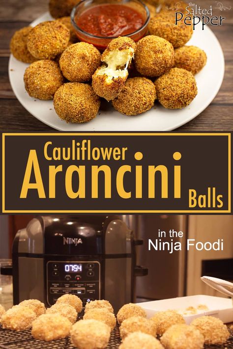 Deliciously simple and fully customizable Arancini (fried rice balls) that are made with cauliflower instead of rice for a healthy and tasty snack! #NinjaFoodiRecipes #KetoNinjaFoodiRecipes Desserts Dips, Fried Rice Balls, Arancini Balls, Keto Carbs, Arancini Recipe, Pork Rind, Ninja Recipes, Guilt Free Snacks, Low Carb Snack