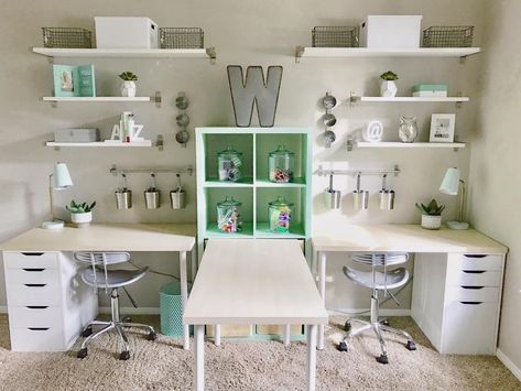 Home office, craft room, homework space, kid office, kid craft room, creative space, organized space, organization, office ideas Homework Station Ideas, Kids Homework Room, Linnmon Desk, Home Office Craft Room, Desk For Two, Homework Space, Homework Room, Organization Office, Ikea Desk Hack