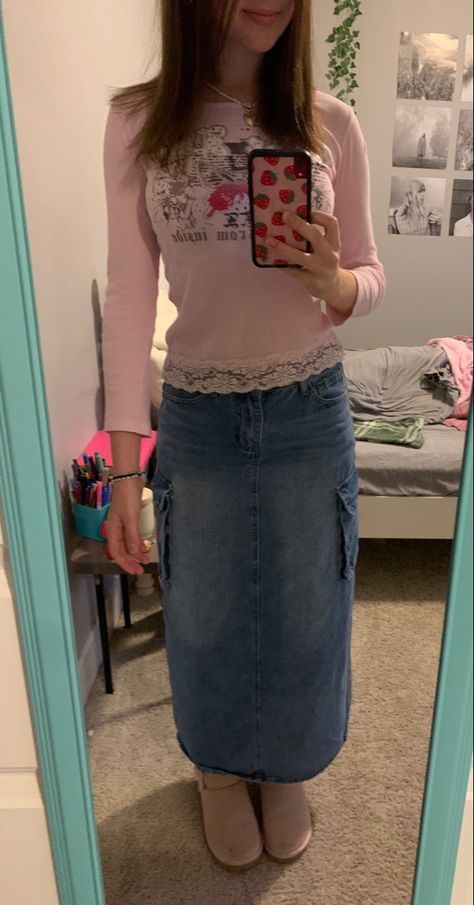 maxi jean skirt, pink y2k top, and pink coquette uggs Pink Maxi Skirt Outfit, Pink Y2k Top, Long Jean Skirt Outfits, Long Denim Skirt Outfit, Maxi Jean Skirt, Pink Denim Skirt, Outfit Coquette, Pink Maxi Skirt, Jean Skirt Outfits