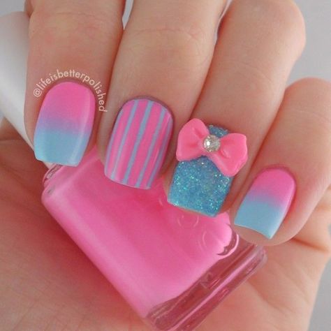 Pink and Blue Nail Design Jojo Siwa Nails, Cotton Candy Nails, Pink Nail Art Designs, Cute Pink Nails, Leopard Print Nails, Pink Nail Art, Blue Nail Designs, Striped Nails, Pink Nail Polish