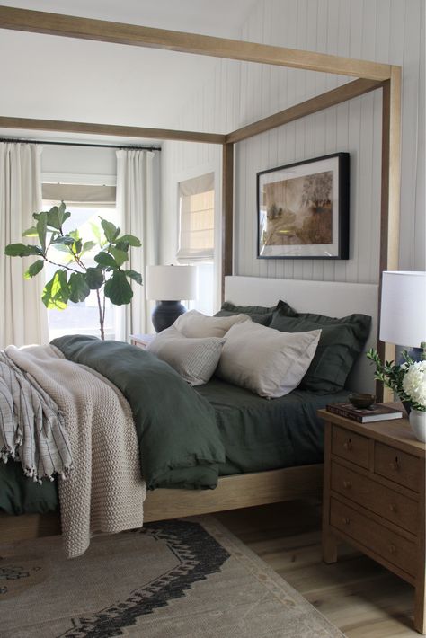 Shop Pottery Barn and other curated products on LTK, the easiest way to shop everything from your favorite creators. Staged Master Bed, Dark Green Coastal Bedroom, Green Bed Comforter Ideas, Greenery Master Bed, Bedroom Dark Green Bedding, Rustic Modern Apartment Decor, Green And Cream Bedding Ideas, Deep Green Master Bed, Dark Layered Bedding