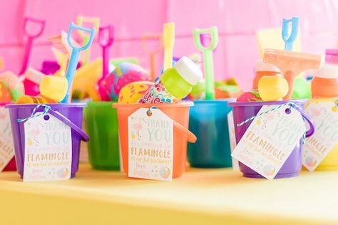 Beach pail favors from a Tropical Flamingo Birthday Party on Kara's Party Ideas | KarasPartyIdeas.com (7)  #flamingoparty #kidspartyideas #karaspartyideas Tropical Sugar Cookies, Tropical Flamingo Birthday Party, Flamingo Backdrop, Wave Cake, Flamingo Pool Parties, Beach Party Favors, Beach Pail, Pool Party Themes, Spring Wedding Favors