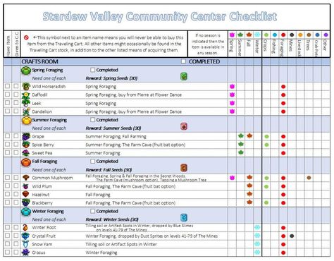 I'm sharing a PRINTABLE Community Center Checklist with seasons and item types! : StardewValley Stardew Valley Community Center, Winter Checklist, Free Silhouette Cut Files, Keep Looking Up, Winter Crops, Camera World, Summer Trees, Printable Checklist, Therapy Worksheets