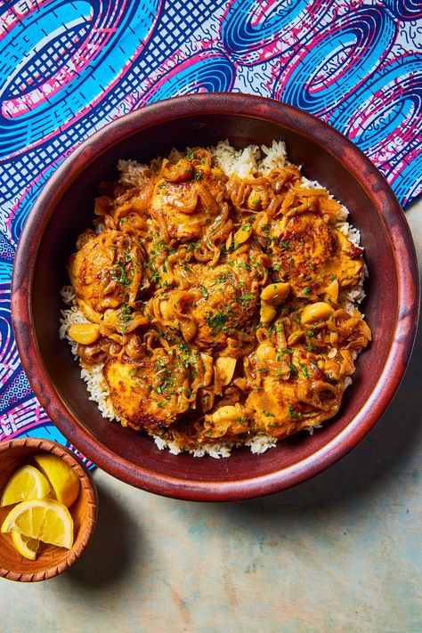 Fall-off-the-bone-tender meat smothered in caramelized onions, lemon, mustard, and garlic, Chicken Yassa is comfort food by way of the Casamance. Chicken Yassa, Marinating Chicken, Cooking App, Lemon Twist, Poke Bowls, America's Test Kitchen Recipes, Tender Meat, Indian Chicken, Mustard Oil