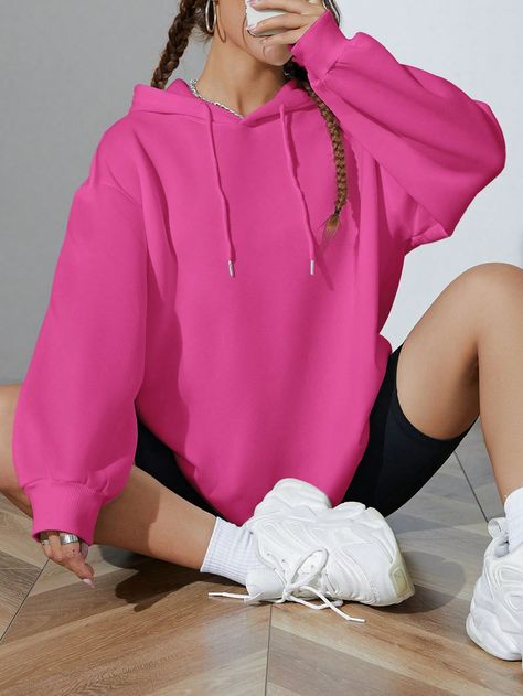 Hot Pink Casual Collar Long Sleeve Fabric Plain Pullovers Embellished Slight Stretch  Women Clothing Dark Pink Sweatshirt Outfit, Pink Sweatshirt Outfit, Hot Pink Hoodie, Black Shorts Outfit, Fashion Fairytale, Drop Shoulder Hoodie, Women Sweatshirts, Sophomore Year, Sweatshirt Outfit