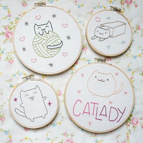 The Pink Samurai: Cat Lady Embroidery Patterns Broderie Simple, Pola Bordir, Cat Embroidery, Pola Kristik, Embroidery Patterns Free, Cat Crafts, Embroidery Ideas, Free Embroidery, Embroidery Inspiration