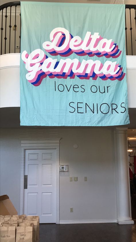 Sorority Delta Gamma Senior Banner mint pink white retro fun simply easy Sorority Senior Banner, Sorority Parents Weekend, Senior Banner, Parents Weekend, Chic Christmas Gifts, Hamster Eating, Prosciutto Wrapped Asparagus, Rolled Sugar Cookies, Vegas Party