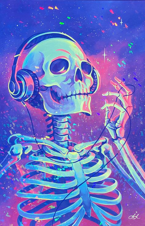 A Skeleton, Lo Fi, Painting Art, Skeleton, Headphones, Acrylic Painting, Wall Decor, Wall, Art