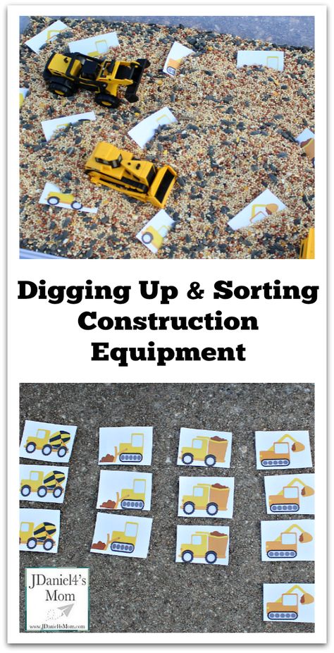 Kids Challenges- Digging Up and Sorting Construction Equipment Printables : Kids will love digging up various trucks and construction equipment. They can then sort them each into groups. Prek Transportation, Construction Activities Preschool, Construction Theme Preschool, Restroom Signage, Community Helpers Preschool Activities, Preschool Construction, Preschool Sensory, Community Helpers Theme, Community Helpers Preschool