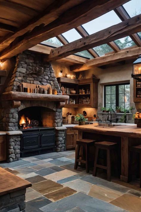 A rustic kitchen featuring a built-in stone fireplace, wooden cabinetry, and soft lighting for a cozy and inviting atmosphere.